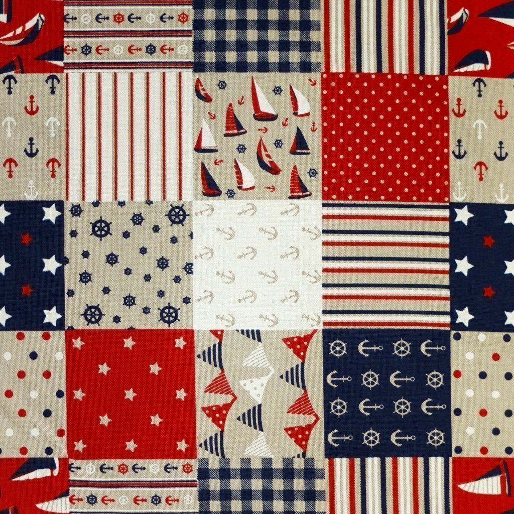 Tissu Toile coton Beige Ancres et bateaux bleus et rouges