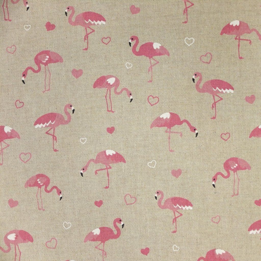 Tissu Toile coton Beige Flamants roses roses et blancs