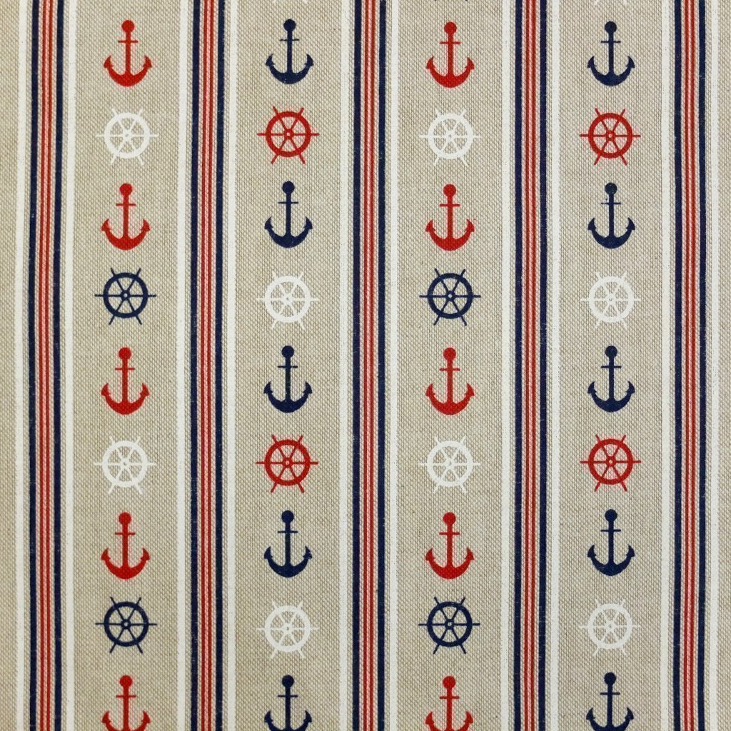 Tissu Toile coton Beige Ancres bleus et rouges