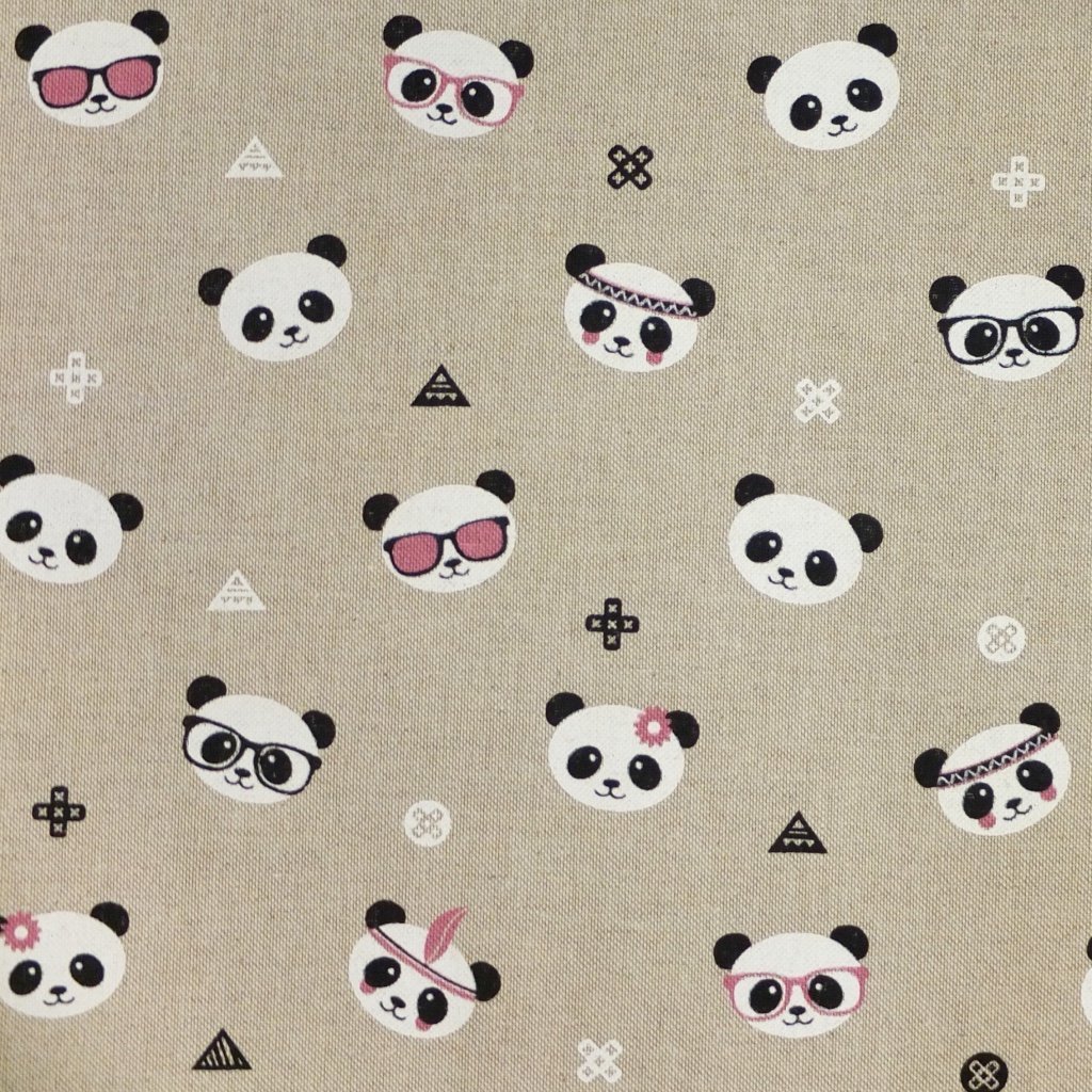 Tissu Toile coton Beige Têtes de panda noires, blanches et roses