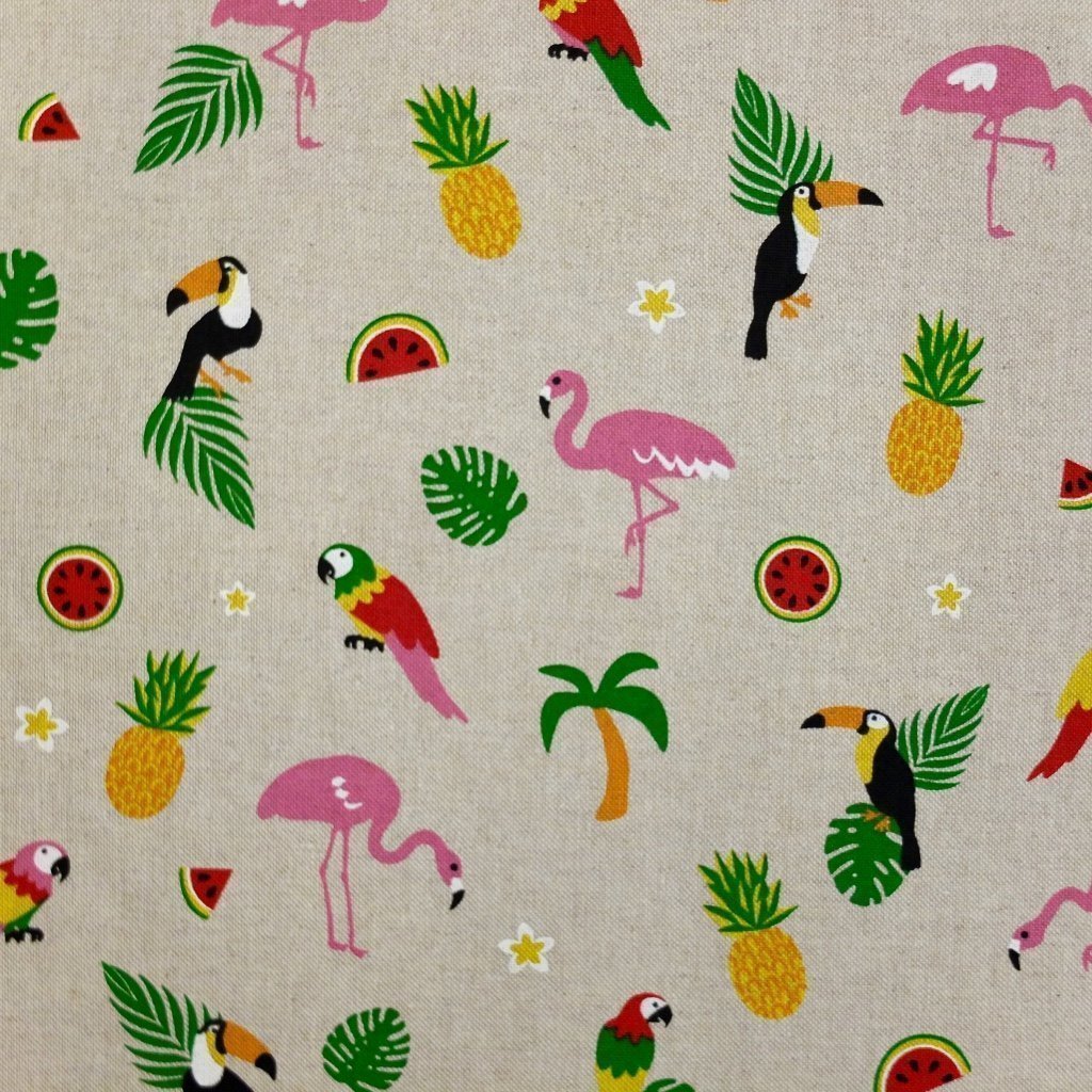 Tissu Toile coton Beige Flamants roses, toucans et perroquets multicolores