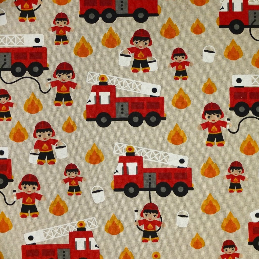 Tissu Toile coton Beige Pompiers rouges