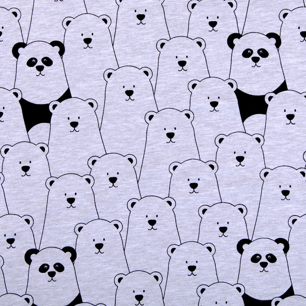 Tissu Jersey Coton Gris chiné Ours et pandas Noirs