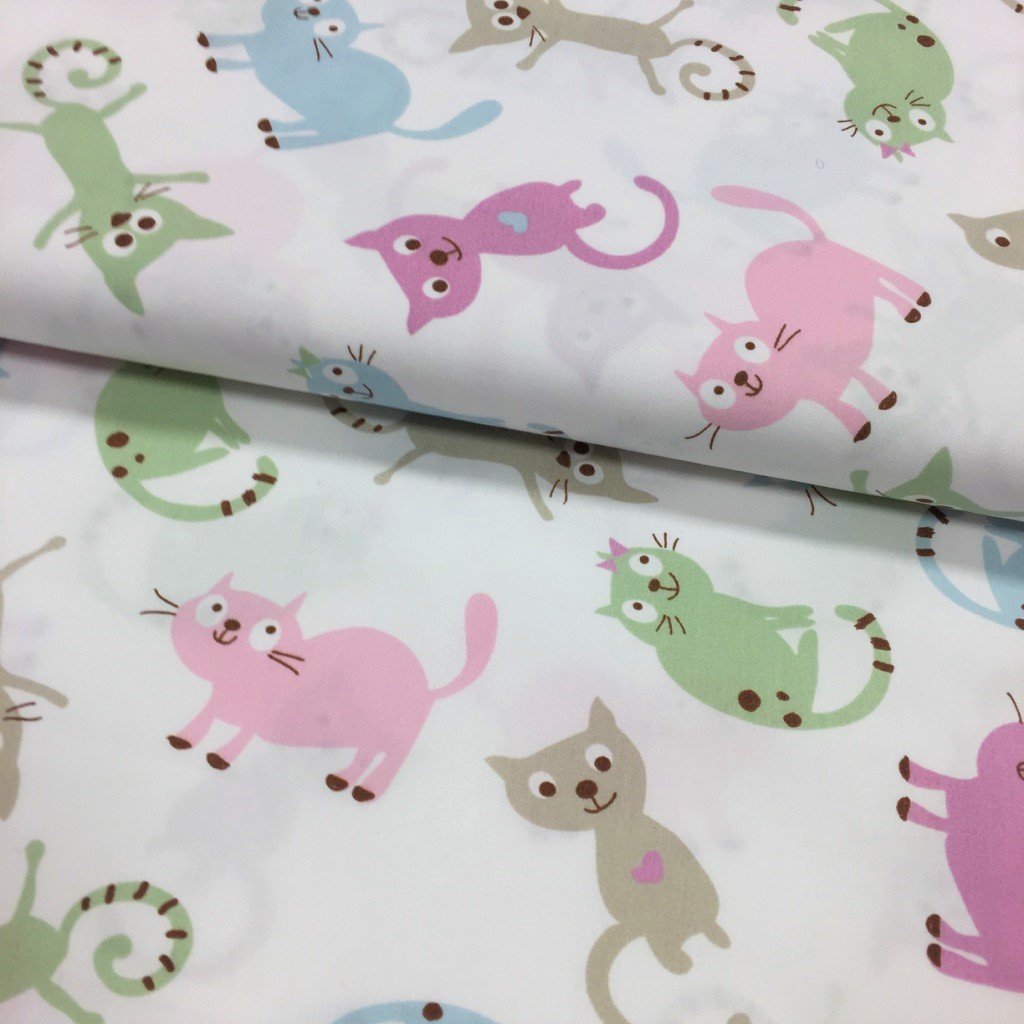 Tissu Popeline imprimée Blanc Chats Couleurs pastels