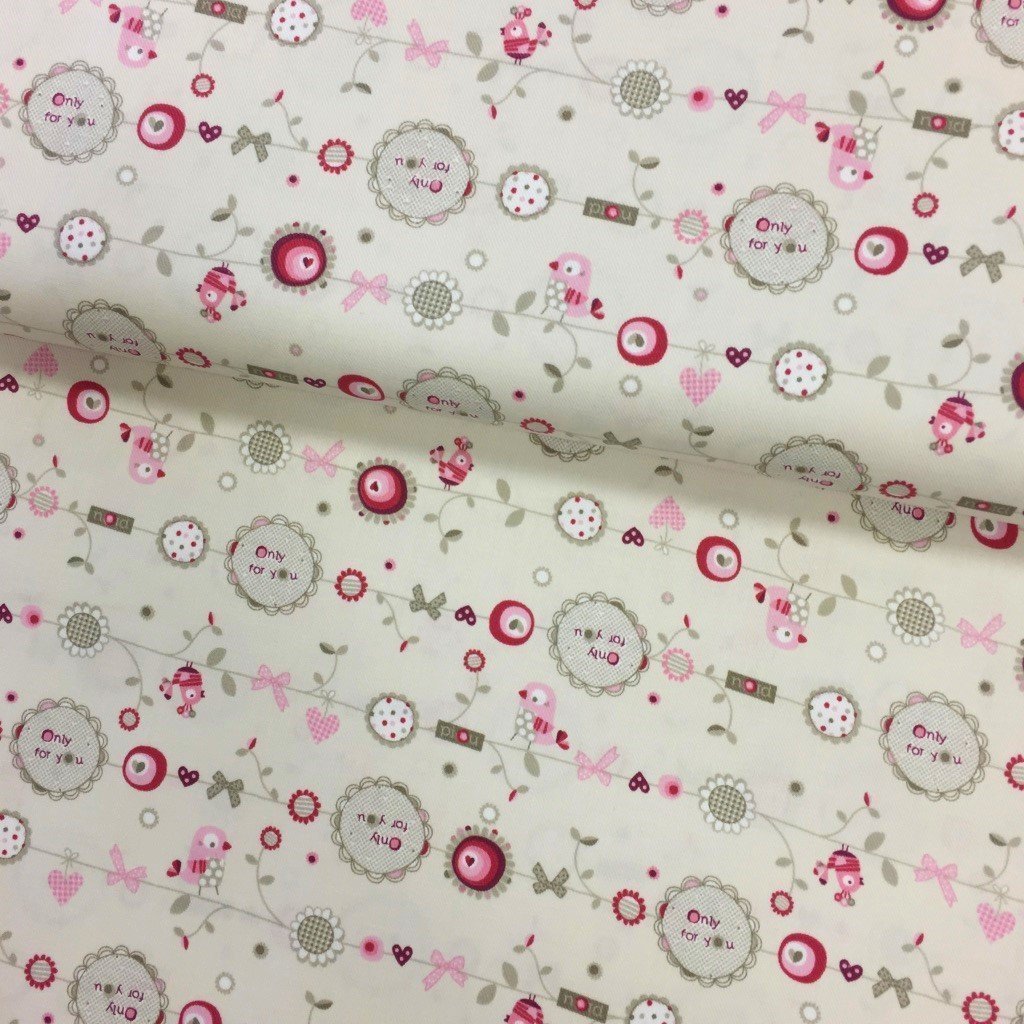 Tissu Coton sergé Beige Oiseaux Roses