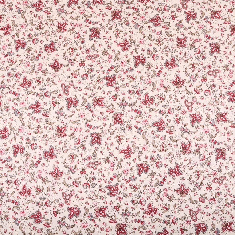 Tissu Coton imprimé Ecru Fleuris Roses et gris