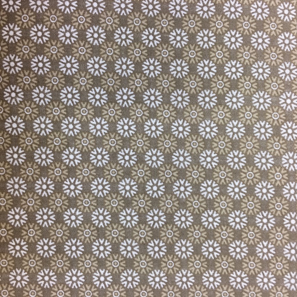 Tissu Coton imprimé Taupe Fleurs Blanches et beiges