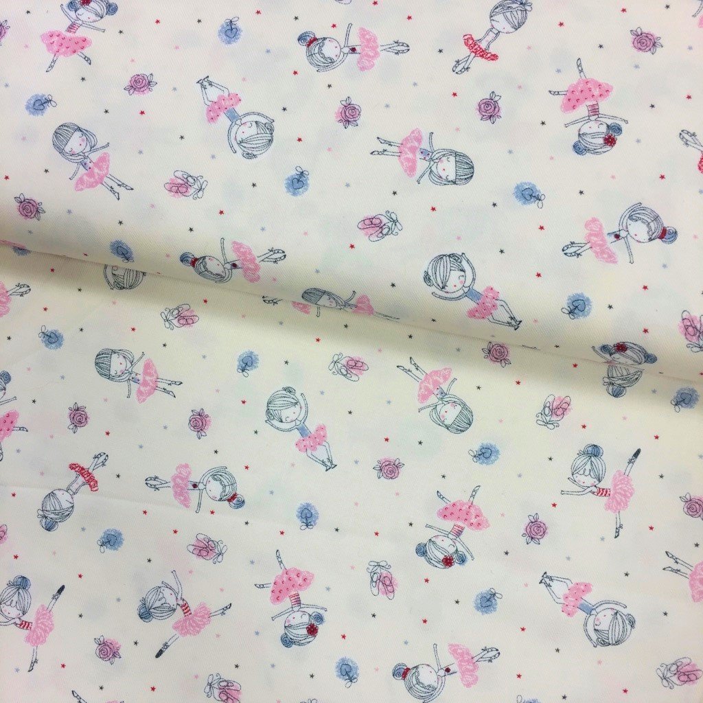 Tissu Viscose sergé Blanc Danseuses Roses
