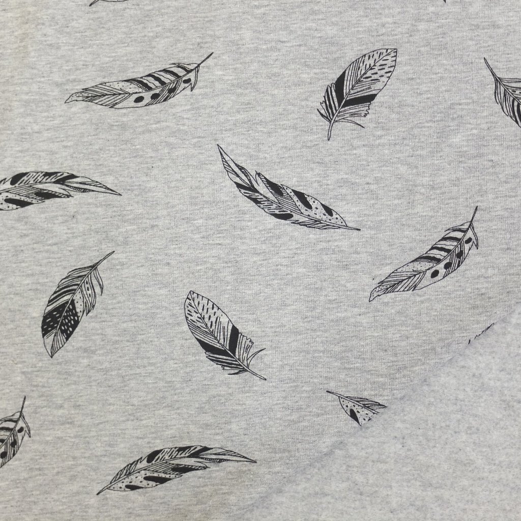 Tissu Jersey Jogging Gris chiné Plumes noires