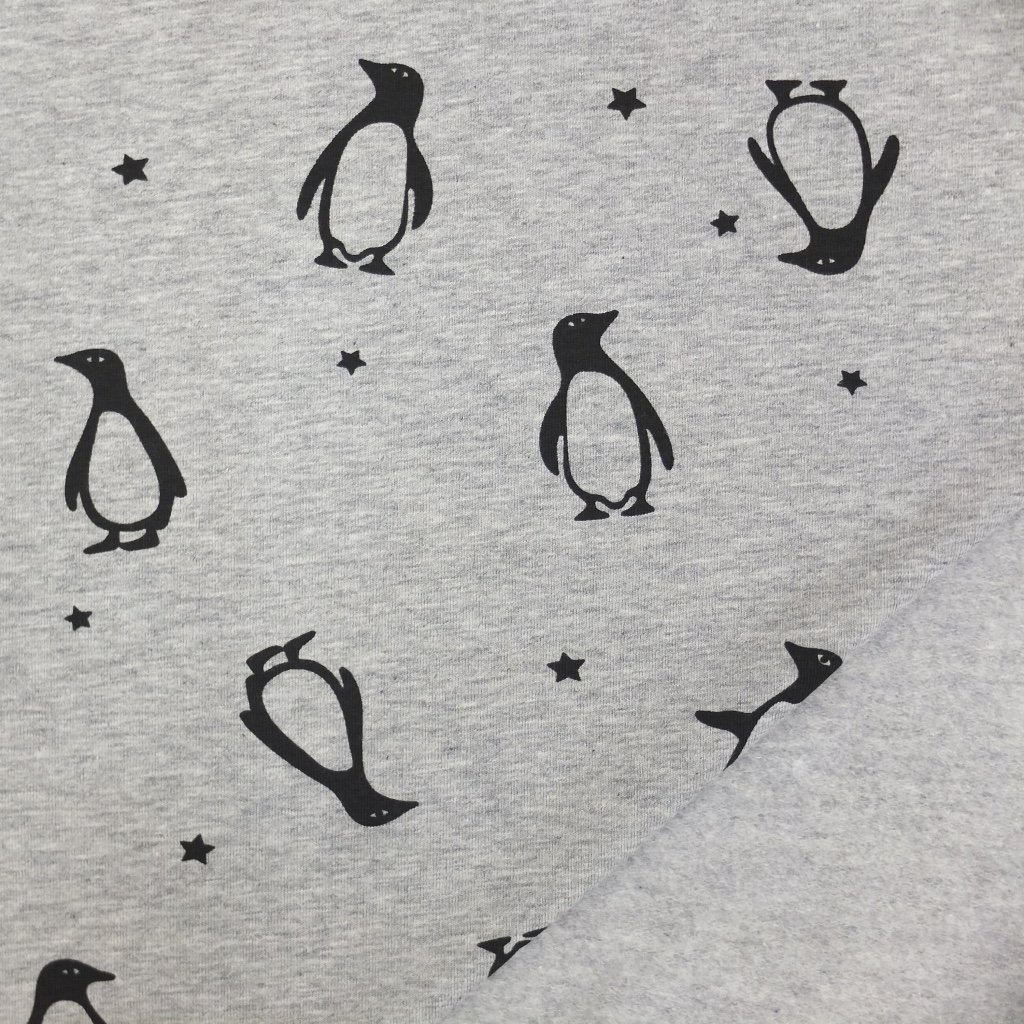 Tissu Sweat Gris chiné Pingouin noires