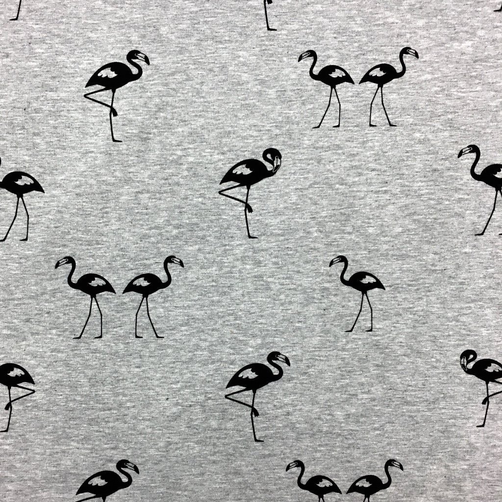 Tissu Jersey Coton Gris chiné Flamants Noires