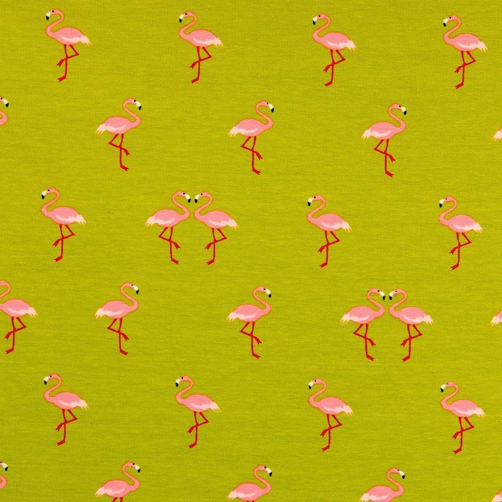Tissu Jersey Coton Vert pomme Flamants Roses