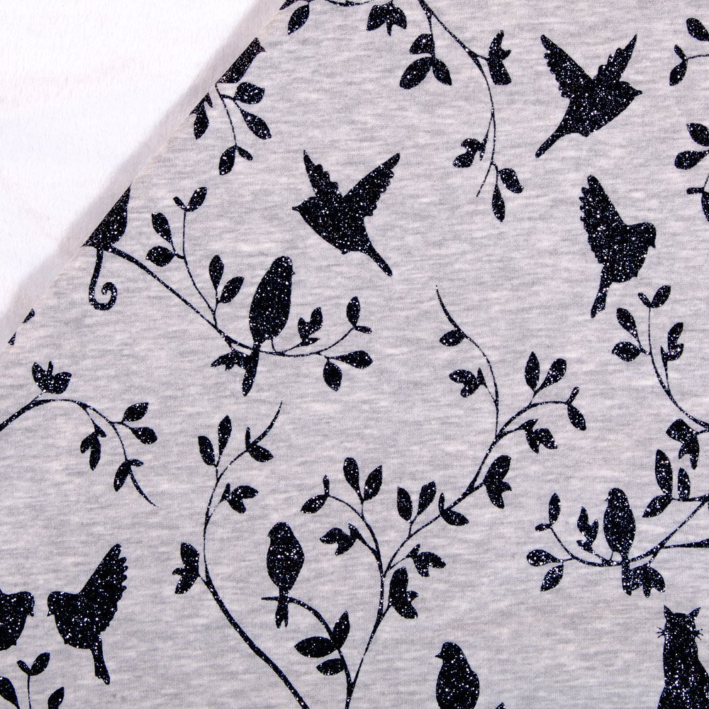 Tissu Sweat Envers Minky Gris chiné Oiseaux et chats à paillettes Noirs