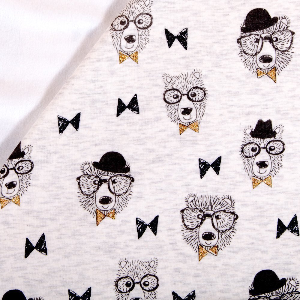 Tissu Sweat Envers Minky Gris chiné clair Ours à paillettes Noirs et or