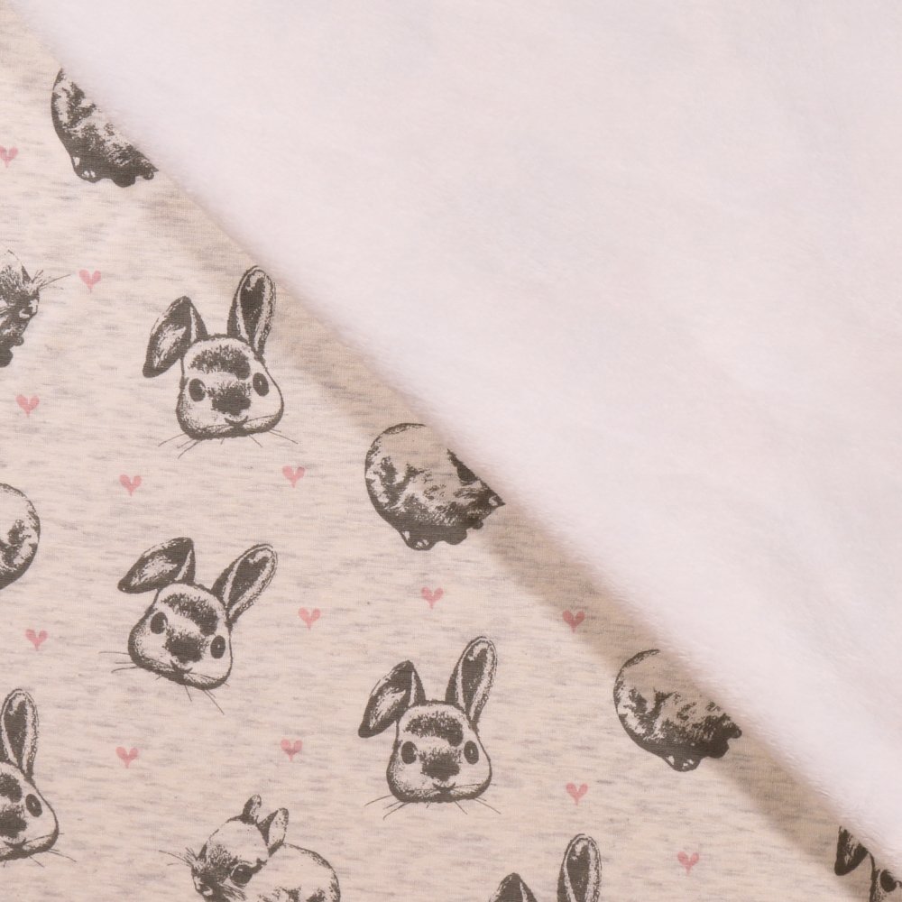 Tissu Sweat Envers Minky Ecru chiné Lapins