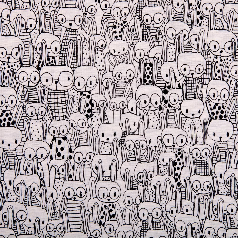 Tissu Jersey Coton Beige chiné Lapins Noirs