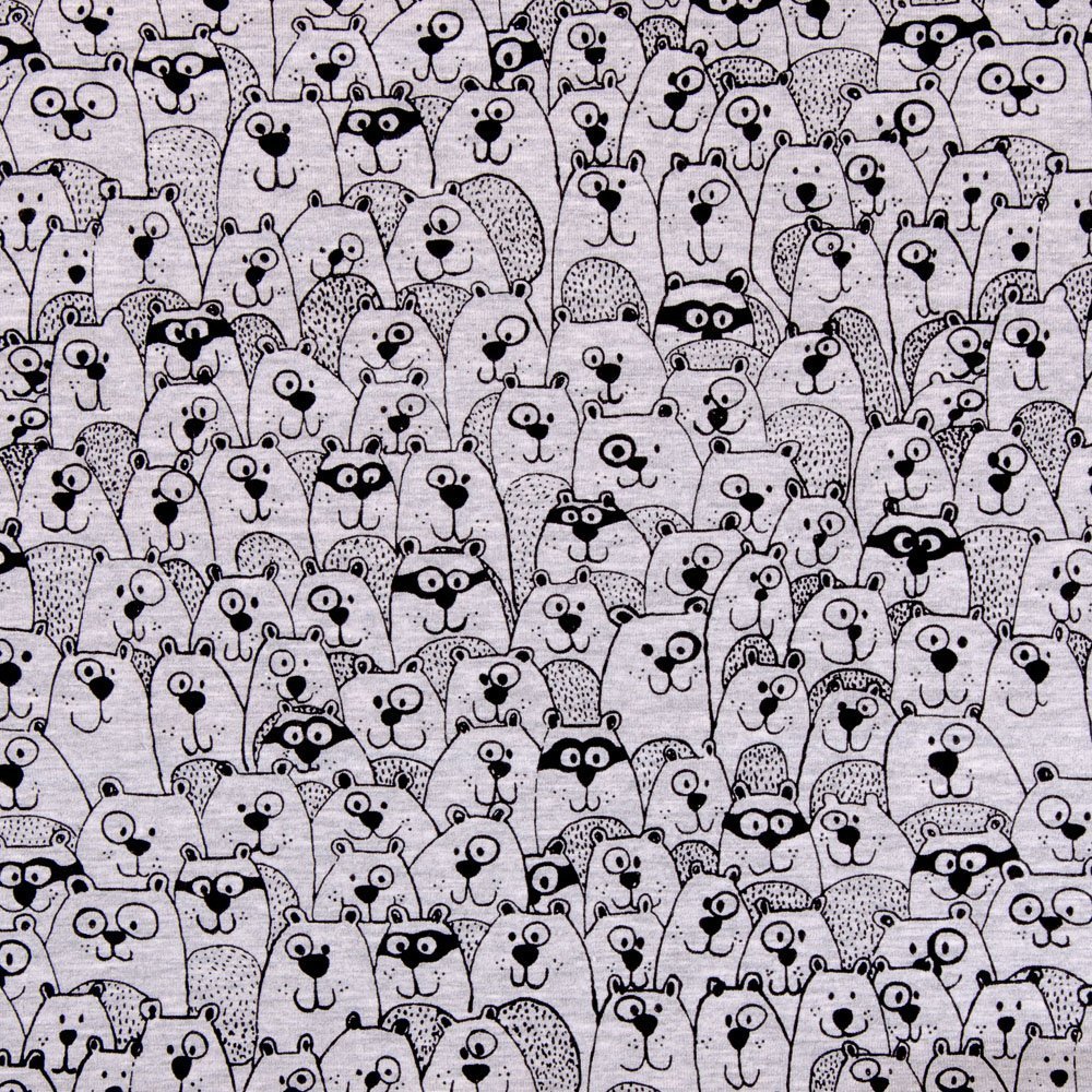 Tissu Jersey Coton Gris chiné Oursons Noirs