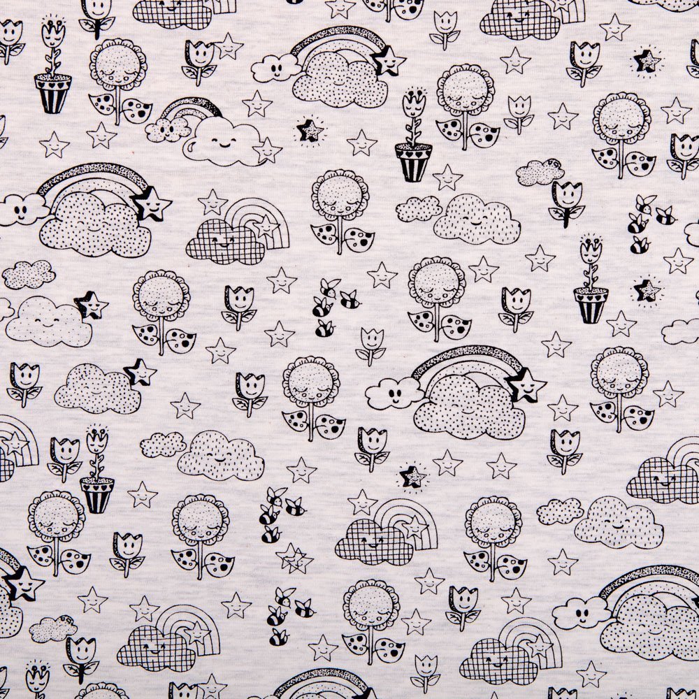 Tissu Jersey Coton Beige chiné Dessins d'enfant Noirs