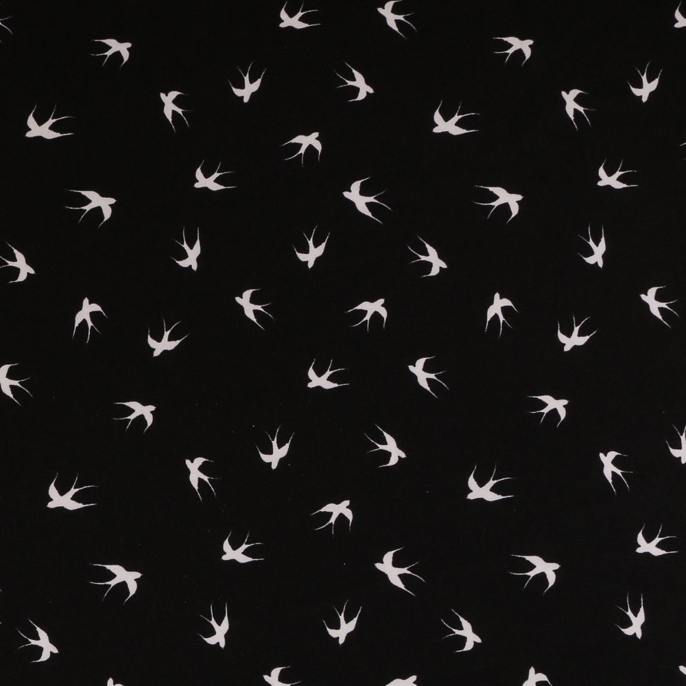 Tissu Satin Stretch Noir Oiseaux Blancs