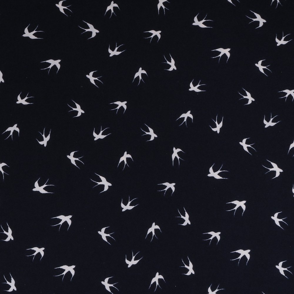 Tissu Satin Stretch Marine Oiseaux Blancs