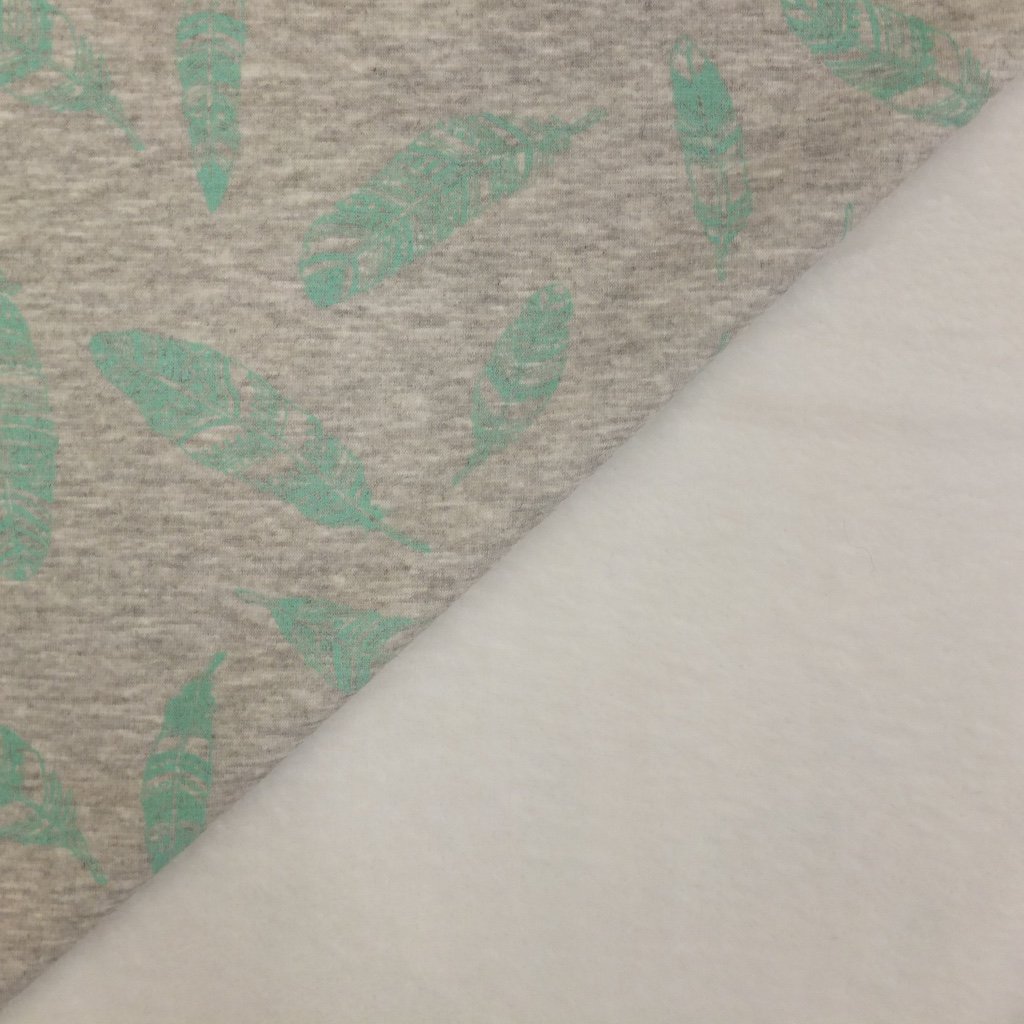 Tissu Sweat envers minky Gris blanc chiné Plumes bleues turquoises