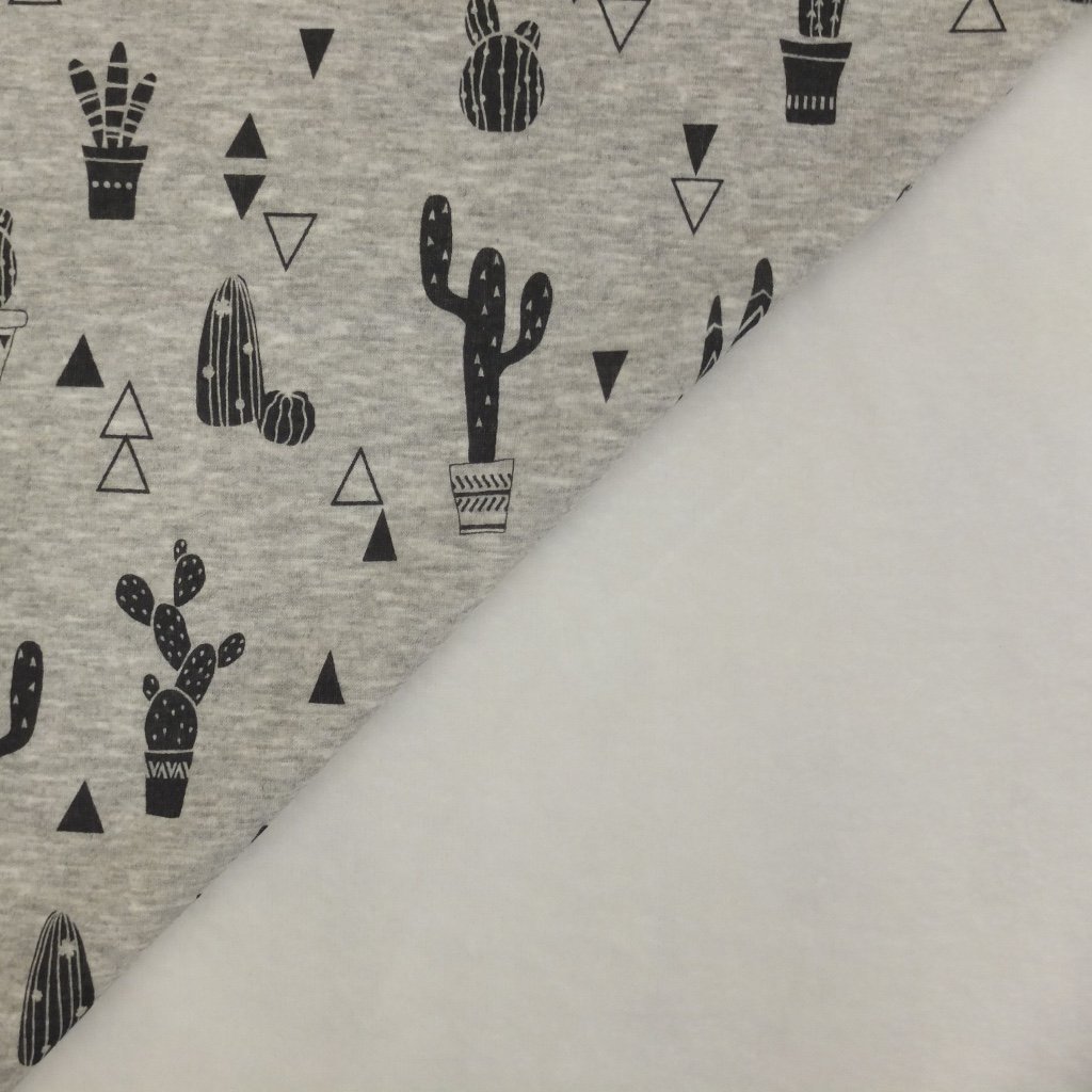 Tissu Sweat envers minky Gris chiné Cactus noirs