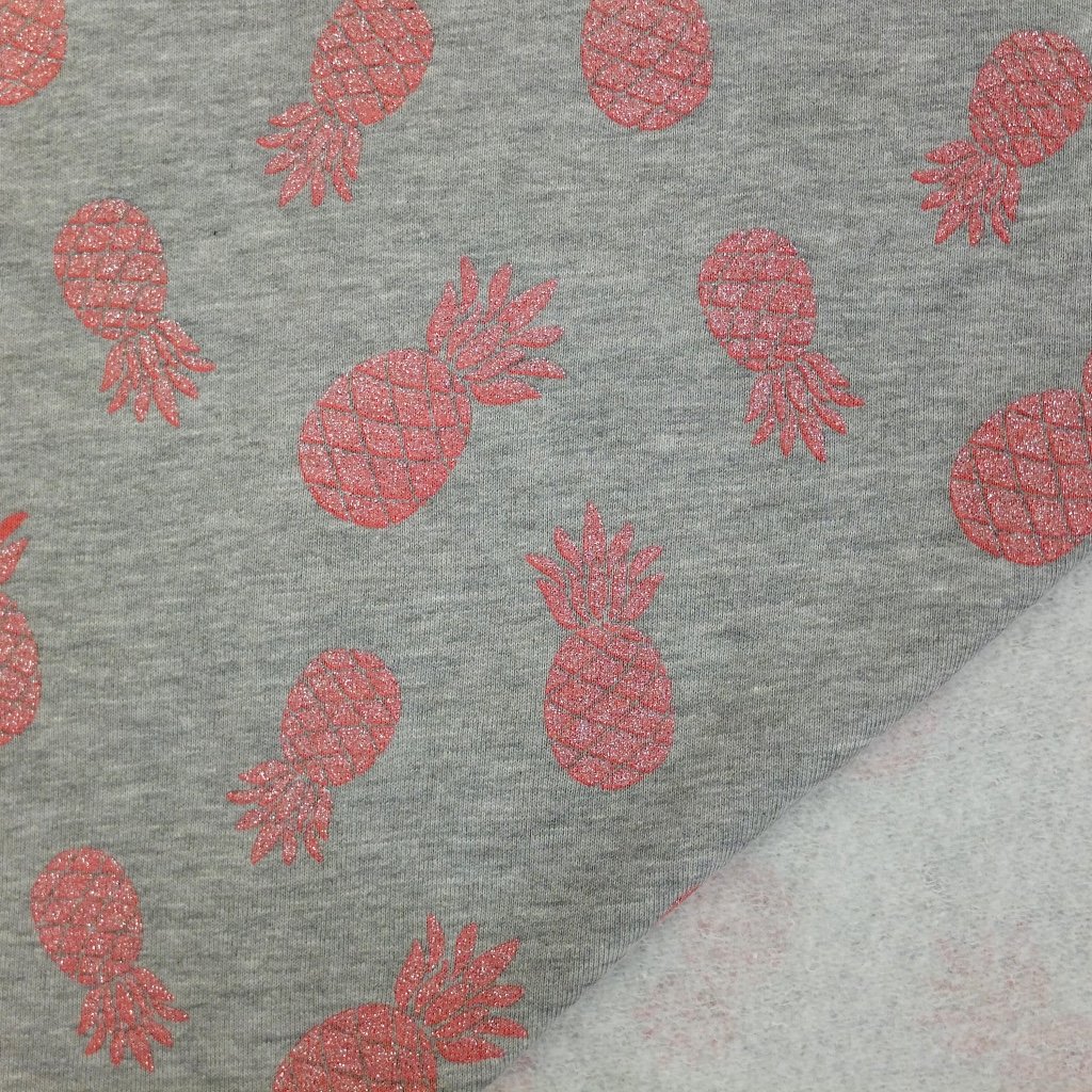 Tissu Sweat Gris clair chiné Ananas saumon à paillettes