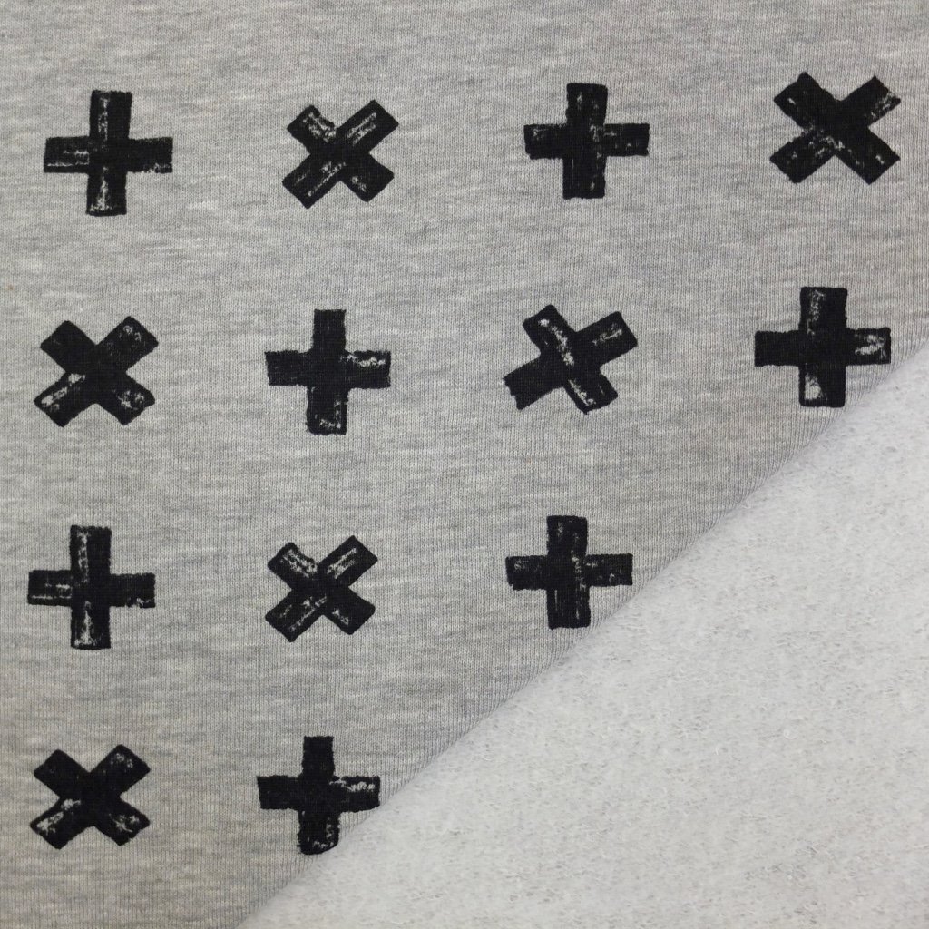 Tissu Sweat Gris chiné Croix noires