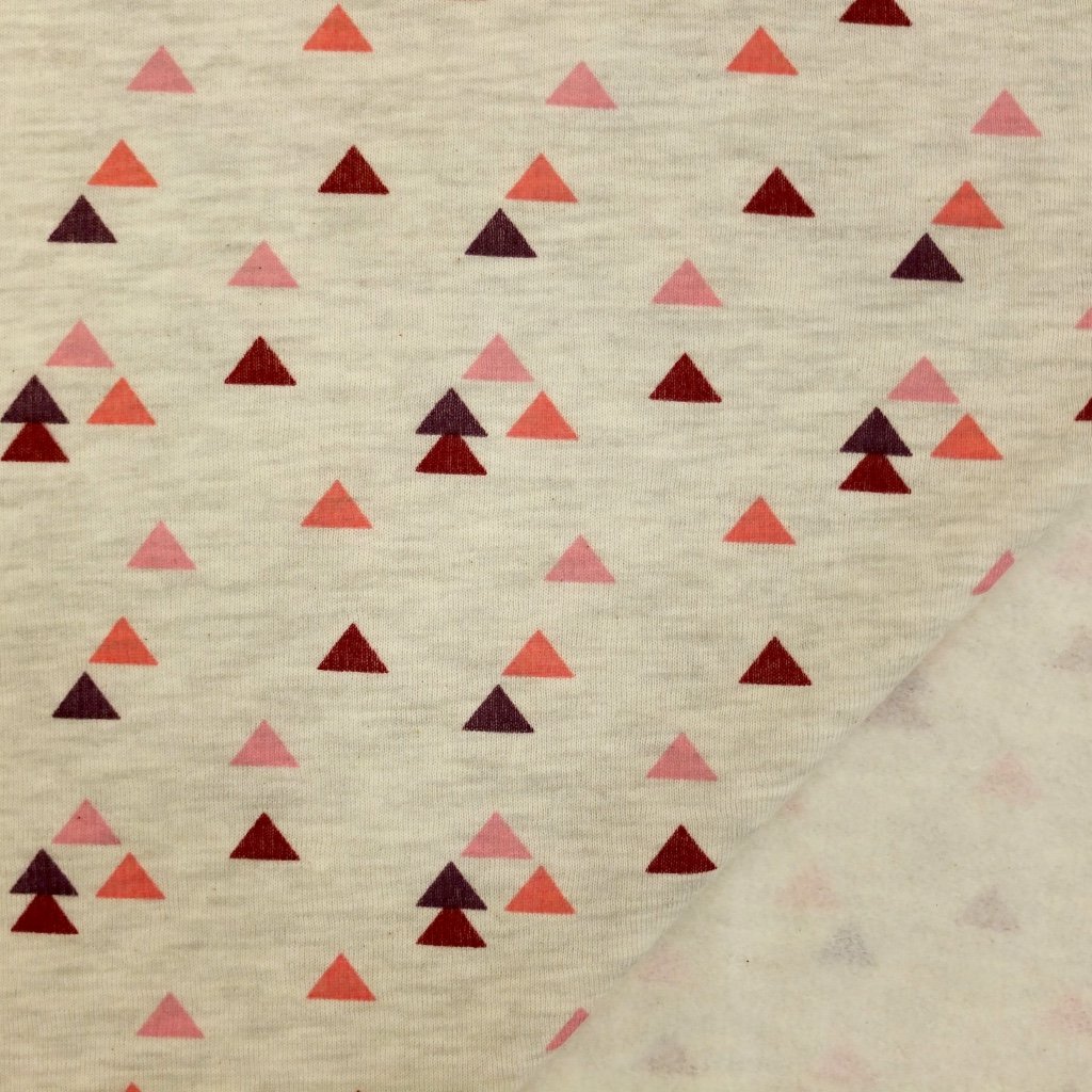 Tissu Sweat Gris blanc chiné Triangles roses