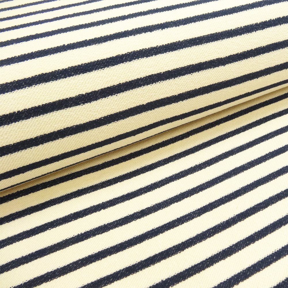 Tissu Jersey Jogging Marinière Ecru Rayures bleu marine