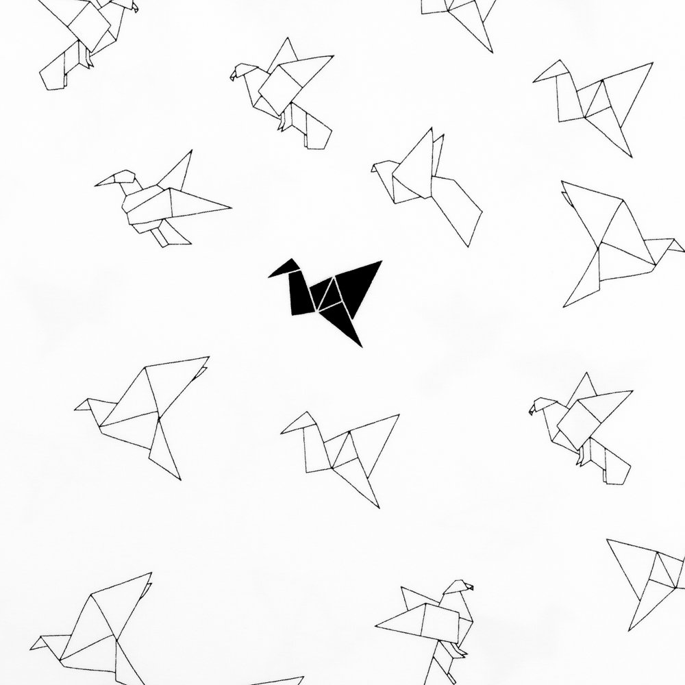 Tissu Jersey Coton Blanc cassé Oiseaux Origami Noirs