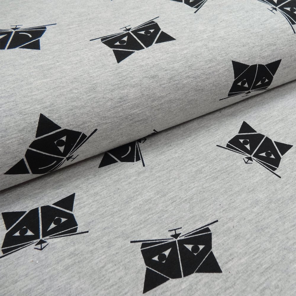 Tissu Jersey Coton Tête de chats Gris chiné