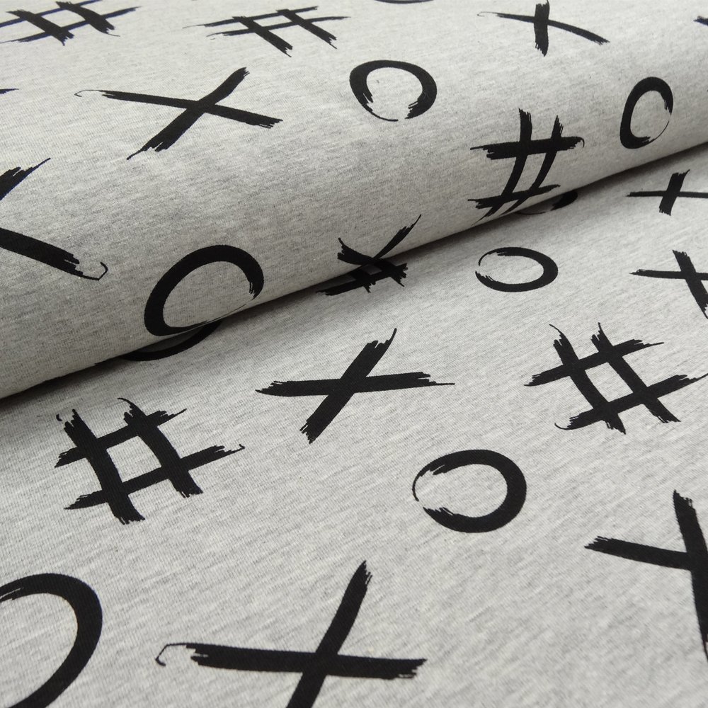 Tissu Jersey Coton Gris Croix et ronds noirs