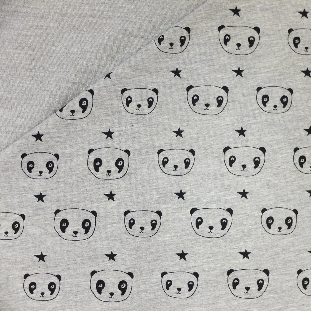 Tissu Jersey Jogging Gris chiné Têtes de Panda noires