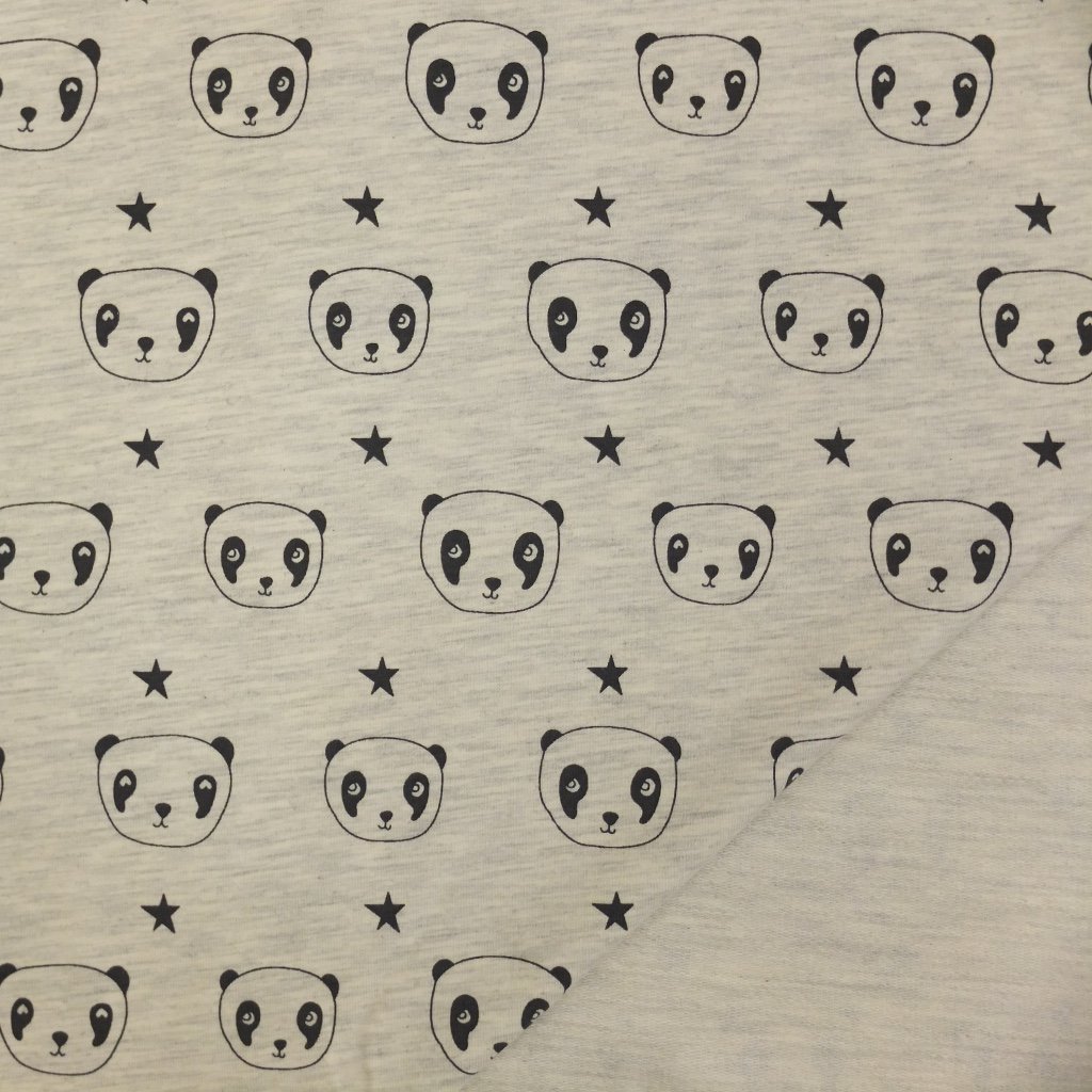 Tissu Jersey Jogging Beige chiné Têtes de Panda noires