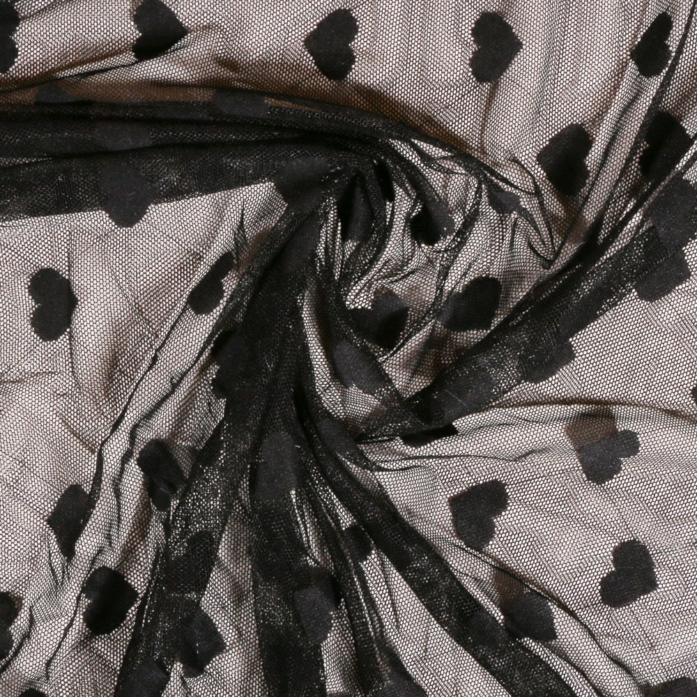 Tissu Tulle Souple Noir Cœurs