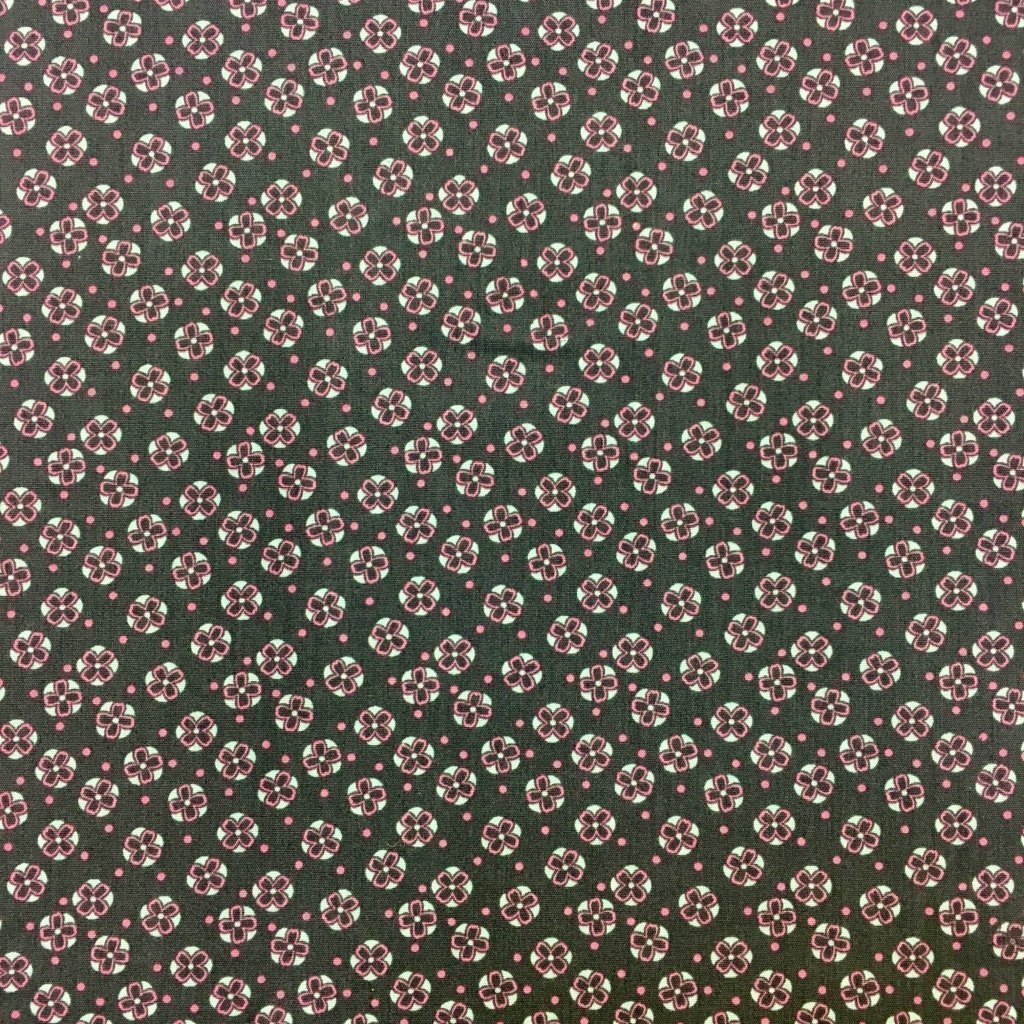 Tissu Coton imprimé Gris Fleurs Roses et bleues