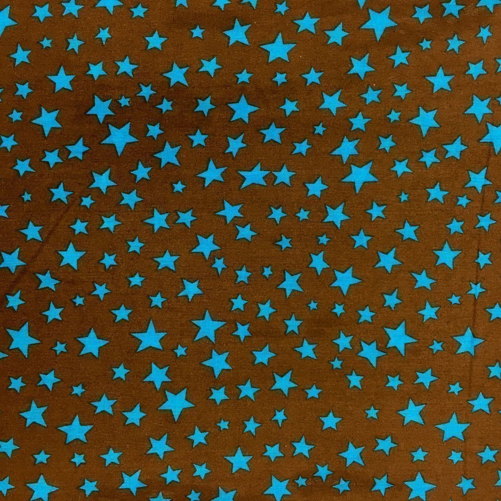 Tissu Coton imprimé Marron Etoiles Bleues turquoise
