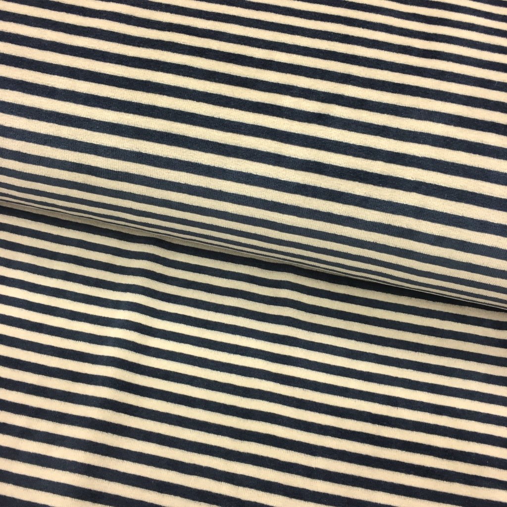 Tissu Jersey Velours tout doux Rayures Beige et Bleu marine