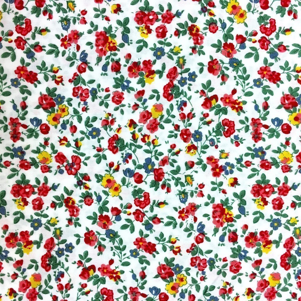 Tissu Coton imprimé Blanc Fleurs Rouges jaunes et bleues