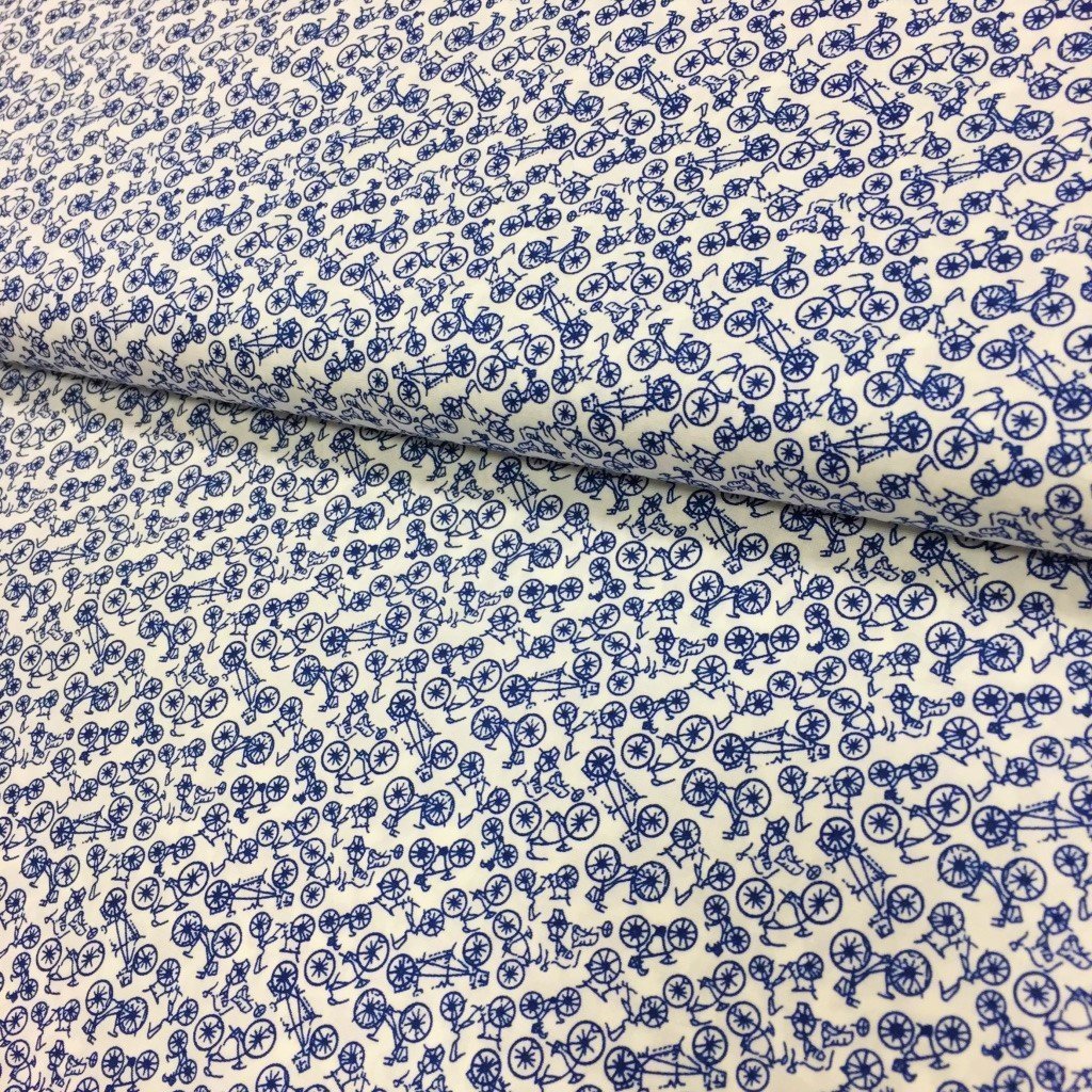 Tissu Popeline imprimée Blanc Bicyclettes Bleues