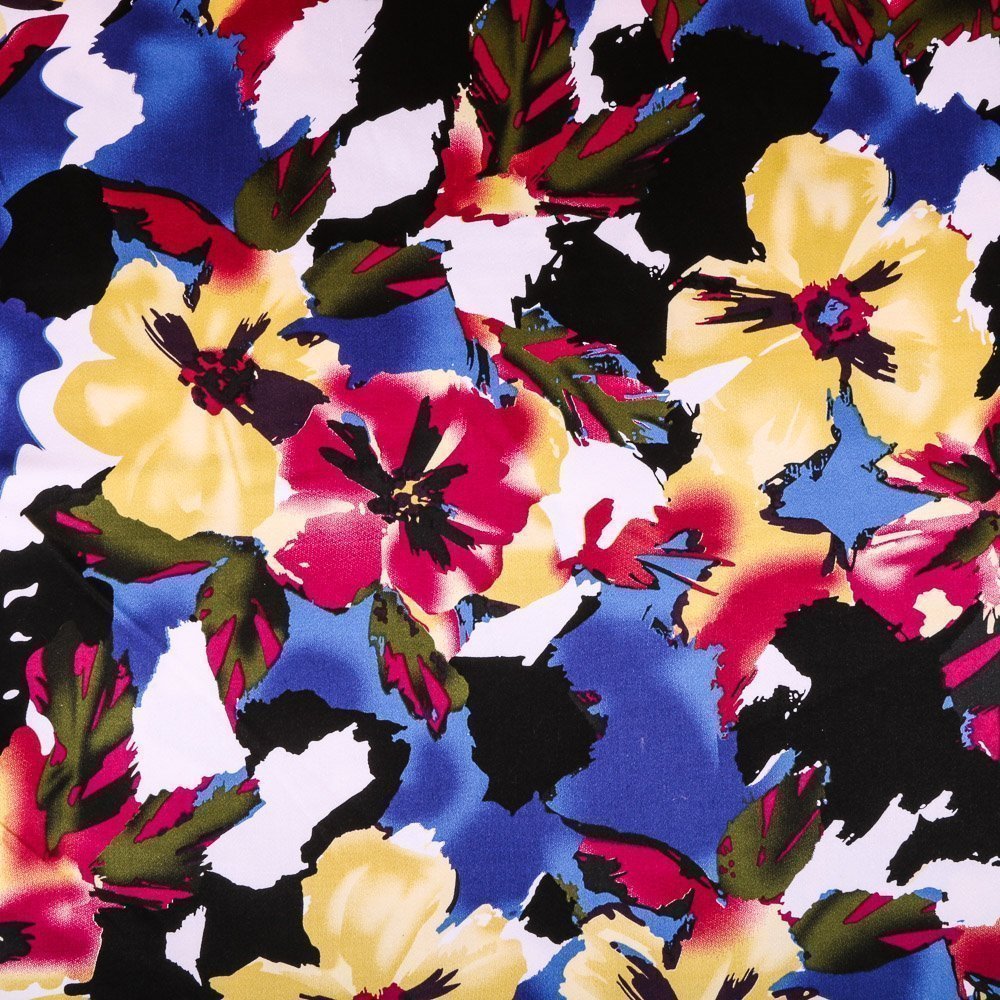 Tissu Coton Satiné léger Noir Grosses fleurs Bleu, jaune et fuchsia