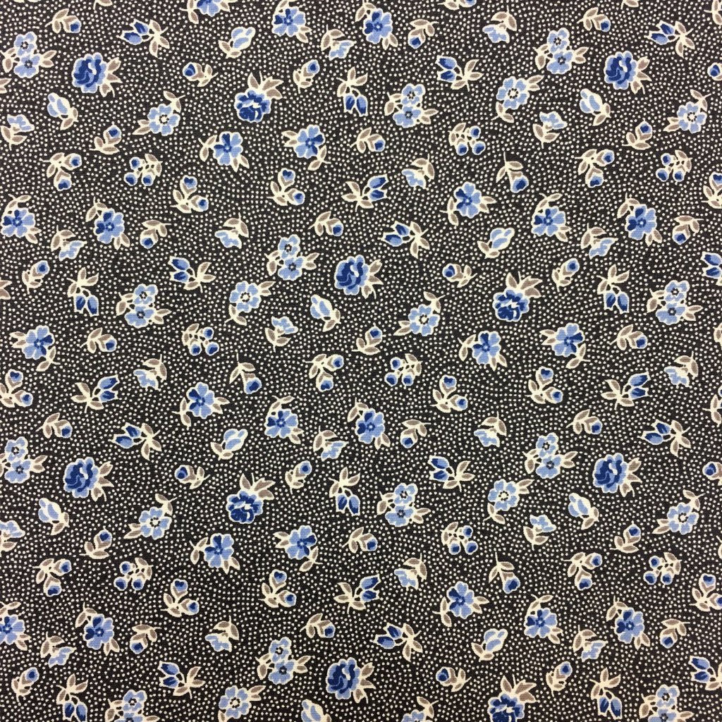 Tissu Coton imprimé Gris anthracite Fleurs Bleues