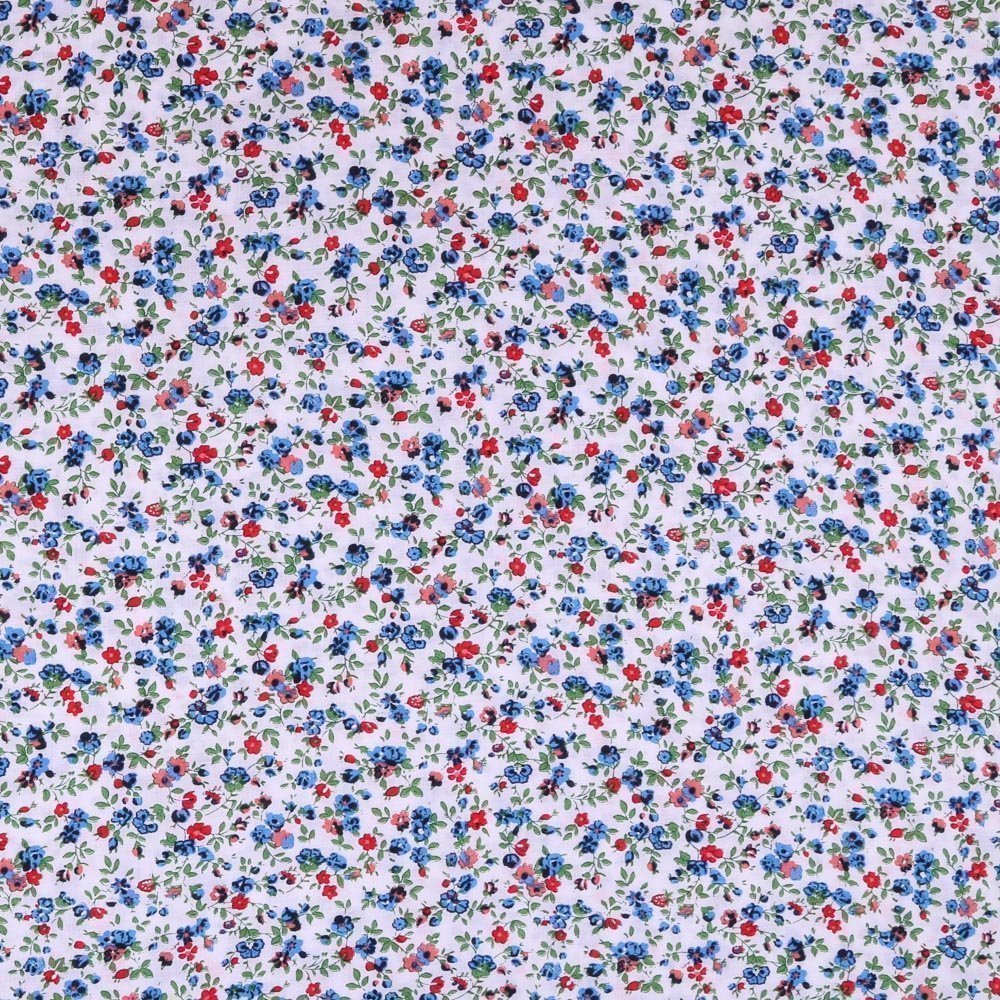 Tissu Viscose légère Blanc Fleuris Bleu