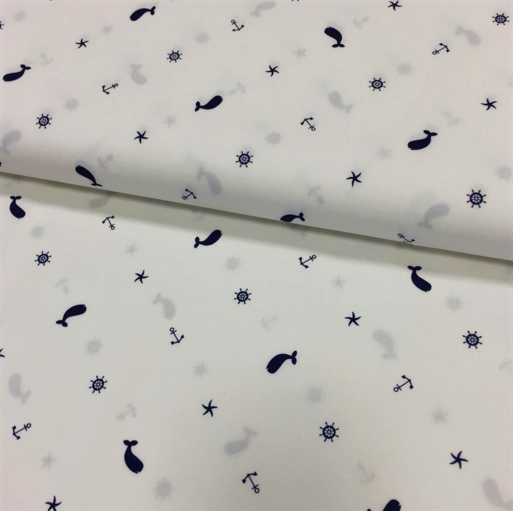Tissu Popeline imprimée Blanc Ancres et baleines Bleus foncés