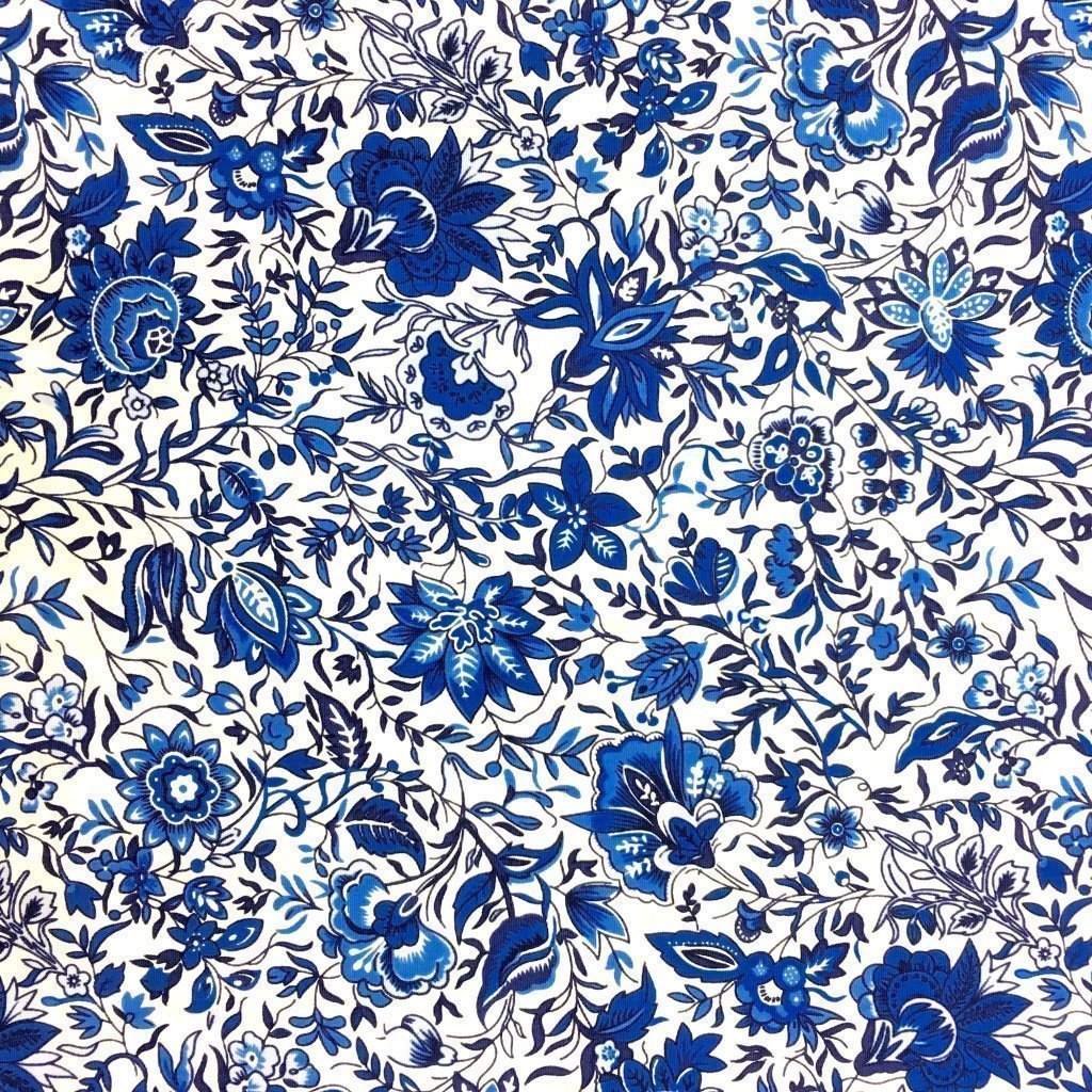 Tissu Coton imprimé Blanc Fleurs Bleues