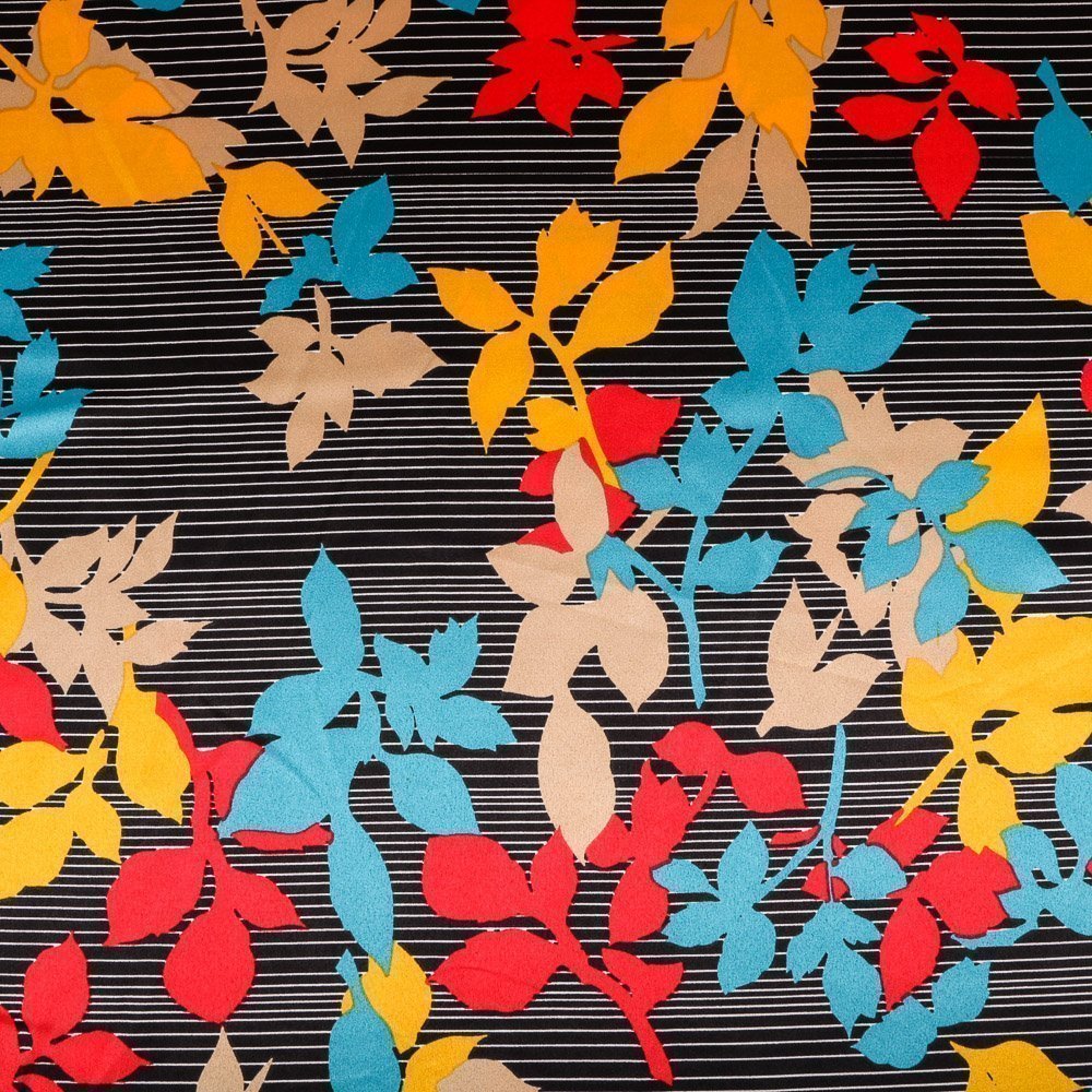 Tissu Satiné Noir Fleurs et rayures Jaunes, bleues et rouges