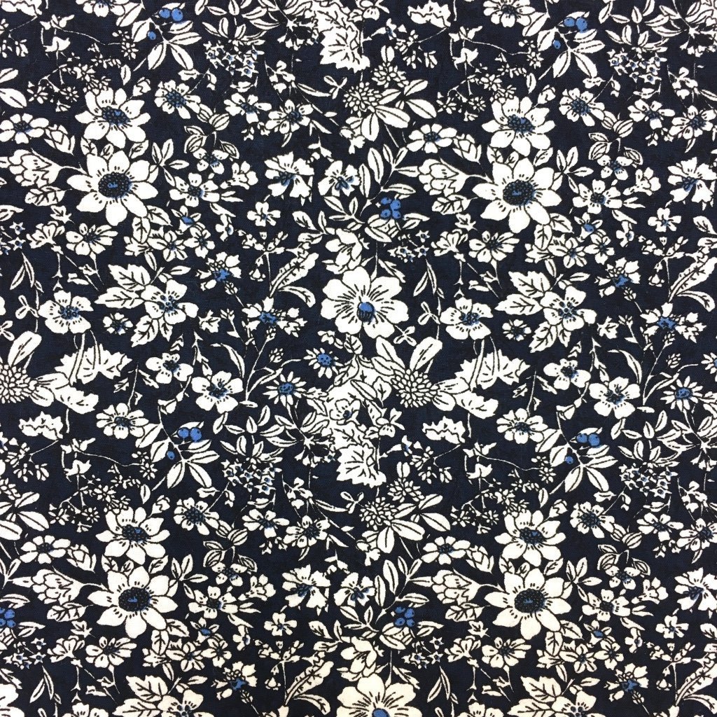 Tissu Coton imprimé Bleu marine Fleurs Blanches
