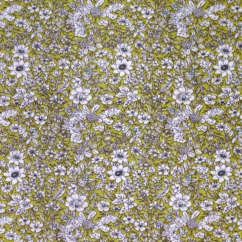 Tissu Coton imprimé Vert olive Fleurs blanches