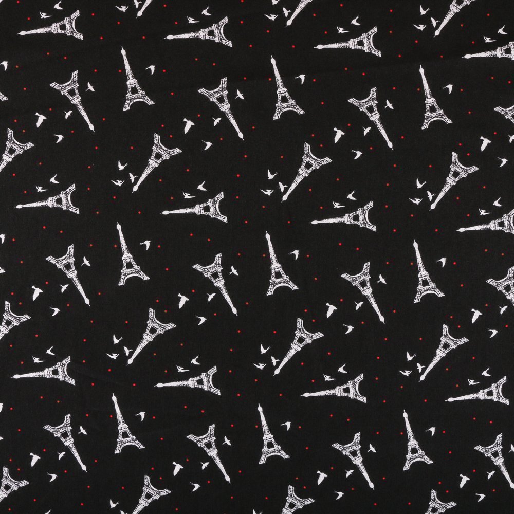 Tissu Crêpe Léger Noir Tour Eiffel Blanches